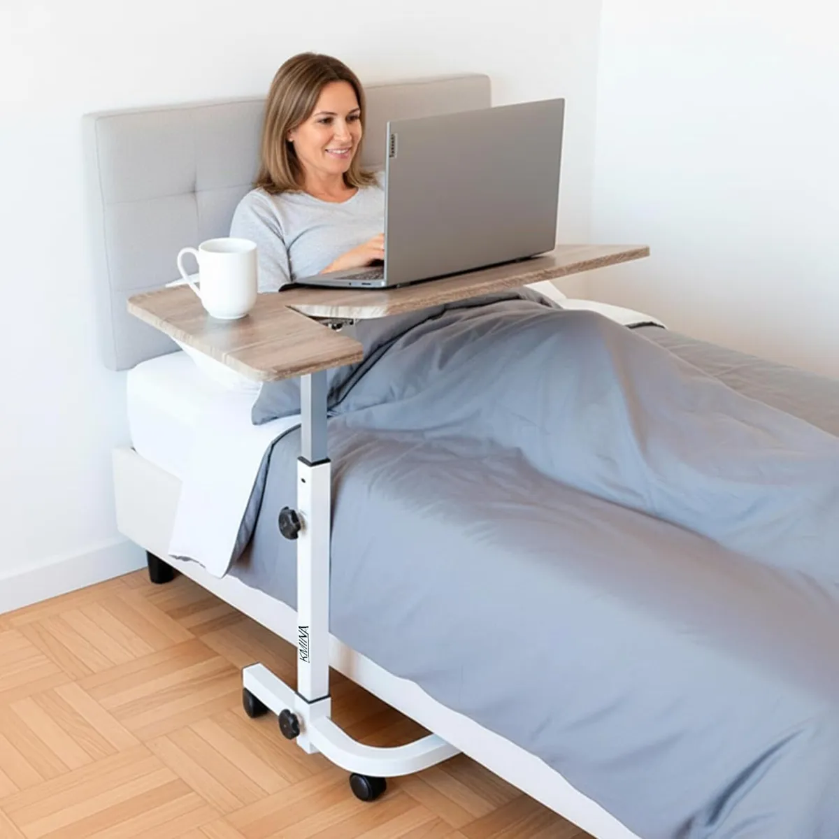 Overbed Table on Wheels Tilting Hospital Bed Wood - Image 2
