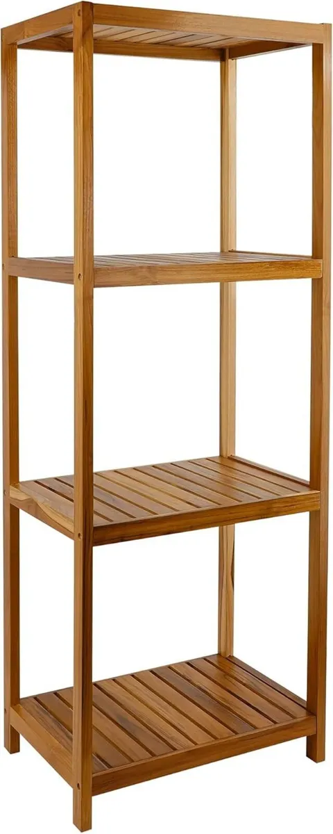 Teak 4-Tier Bathroom Storage Shelf Wood Rack - Image 1