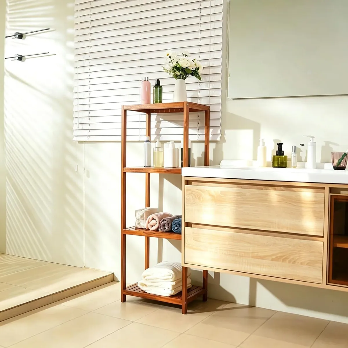 Teak 4-Tier Bathroom Storage Shelf Wood Rack - Image 2