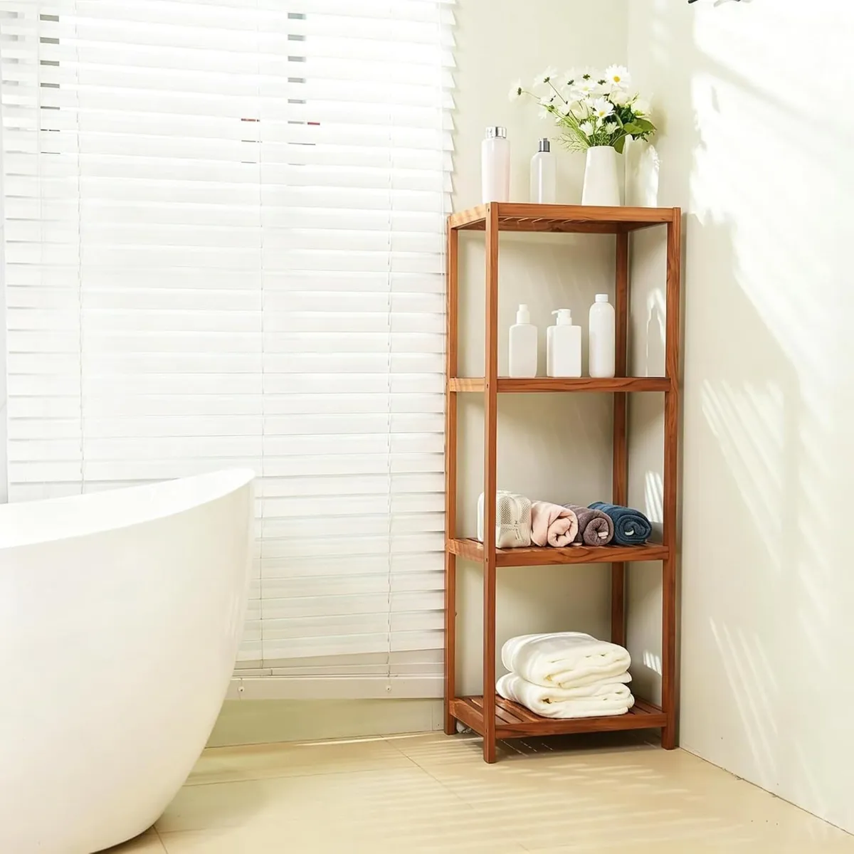Teak 4-Tier Bathroom Storage Shelf Wood Rack - Image 4