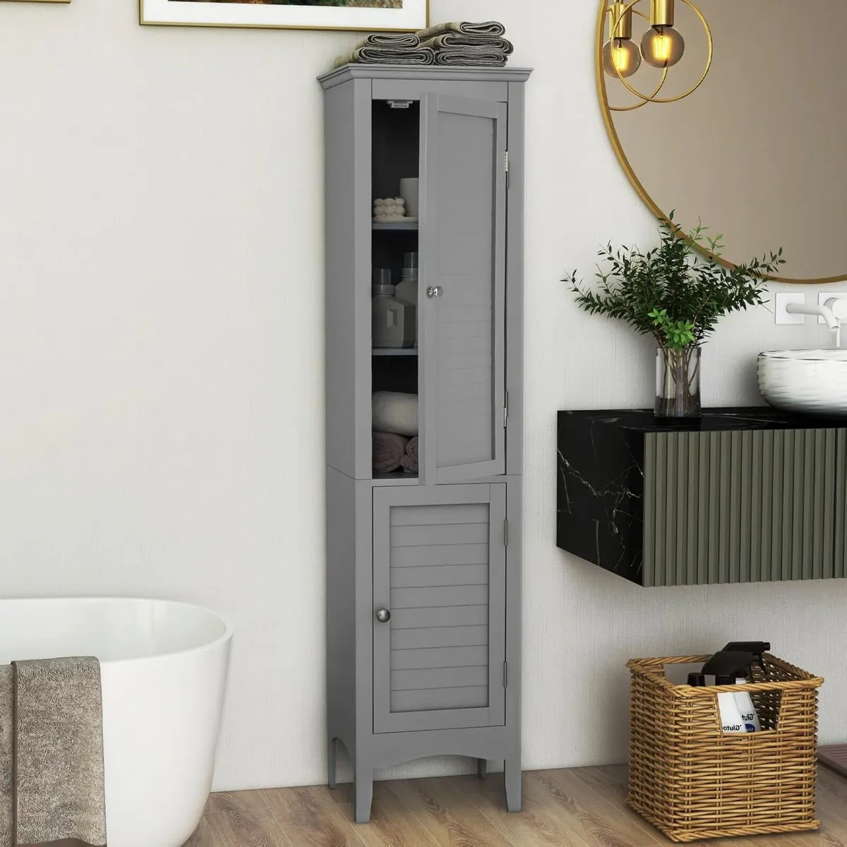 Bathroom Tall Cabinet Double-Door Slim Storage - Image 2