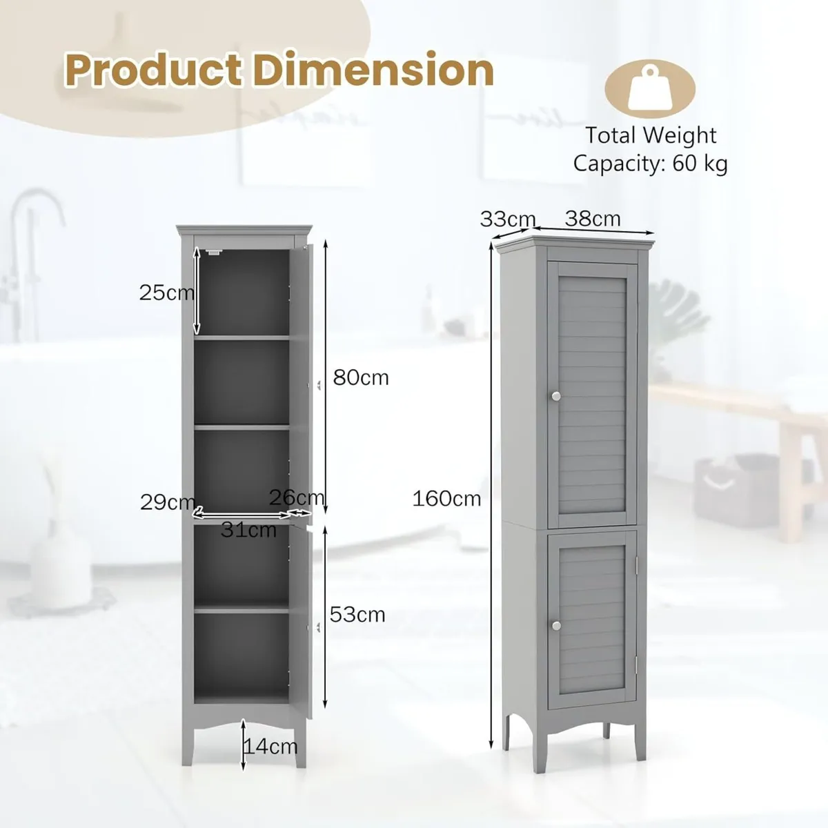 Bathroom Tall Cabinet Double-Door Slim Storage - Image 3