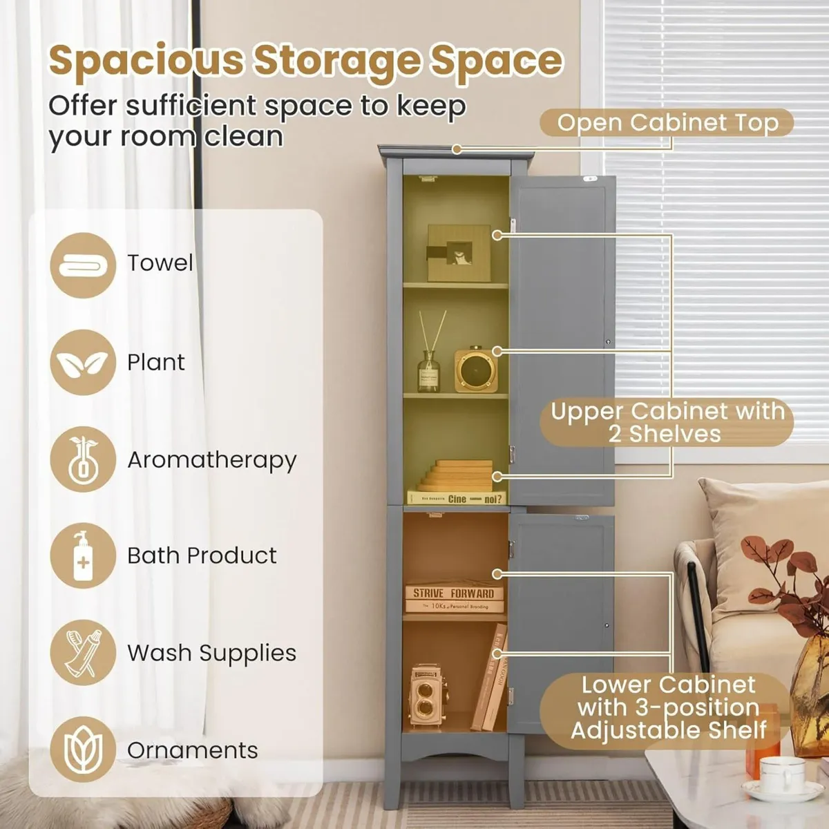 Bathroom Tall Cabinet Double-Door Slim Storage - Image 4