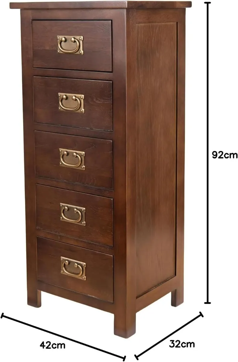 Oak Chest of Drawers Narrow Wood 5 Cabinet - Image 3