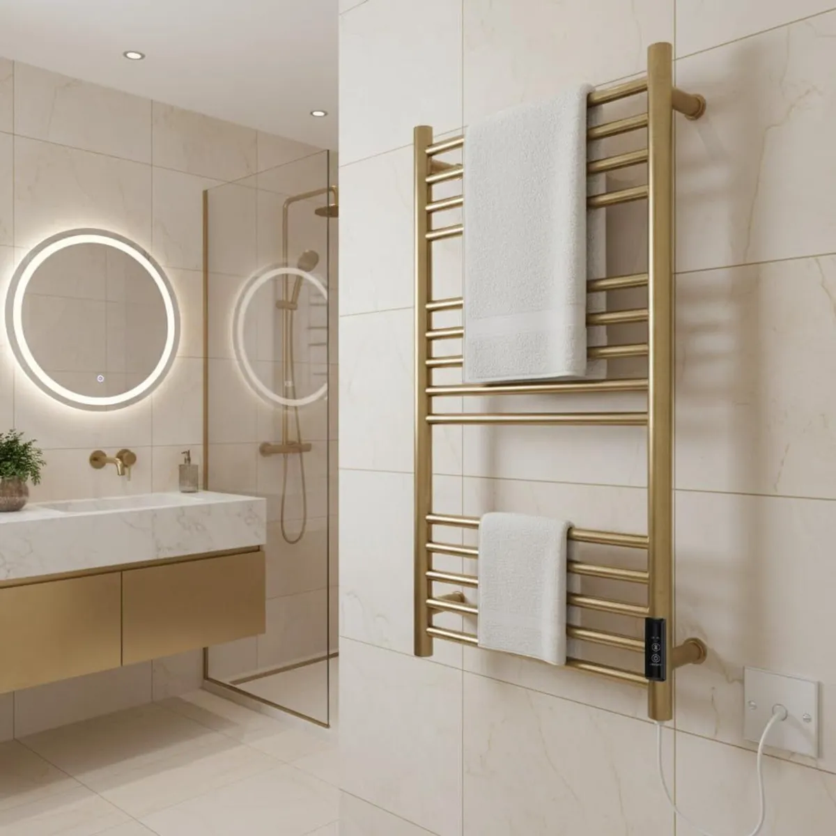 Siena Brushed Brass Electric Heated Towel Rail - Image 2
