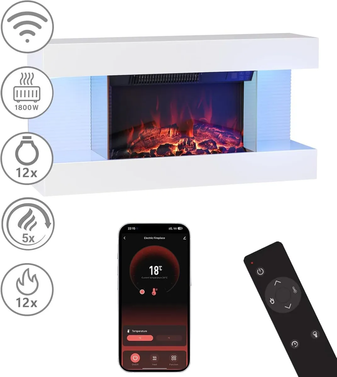 Wall-Mounted Electric Fireplace with 12 Flame - Image 2