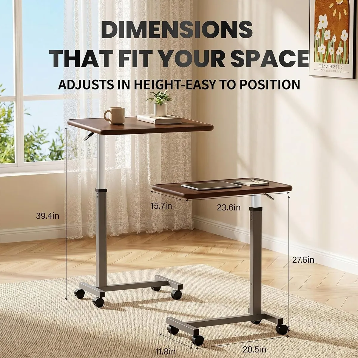 Adjustable Overbed Table with Wheels Bedside - Image 2