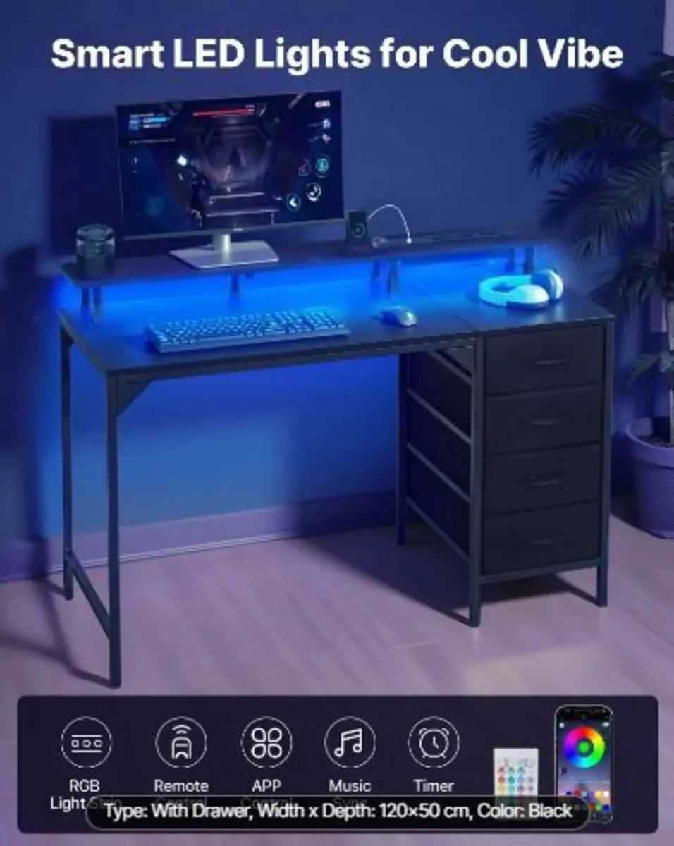 120 cm Computer Desk with Smart LED Lights - Image 4
