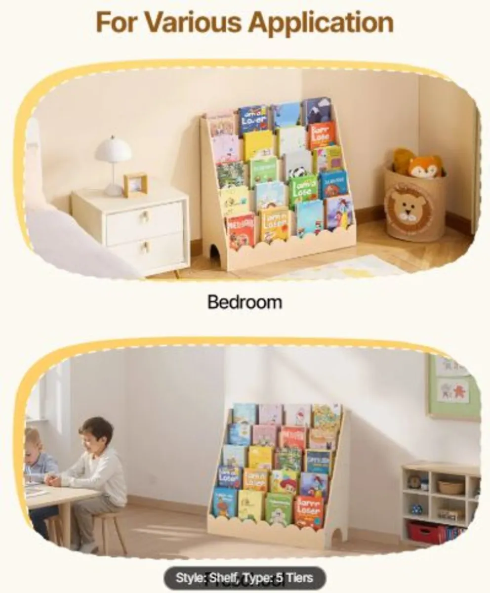 Montessori Bookshelf,5-Tier Scalloped Kids Book - Image 4