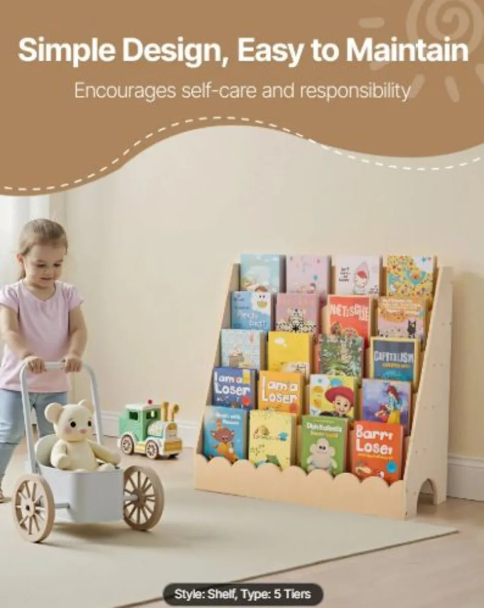 Montessori Bookshelf,5-Tier Scalloped Kids Book - Image 3