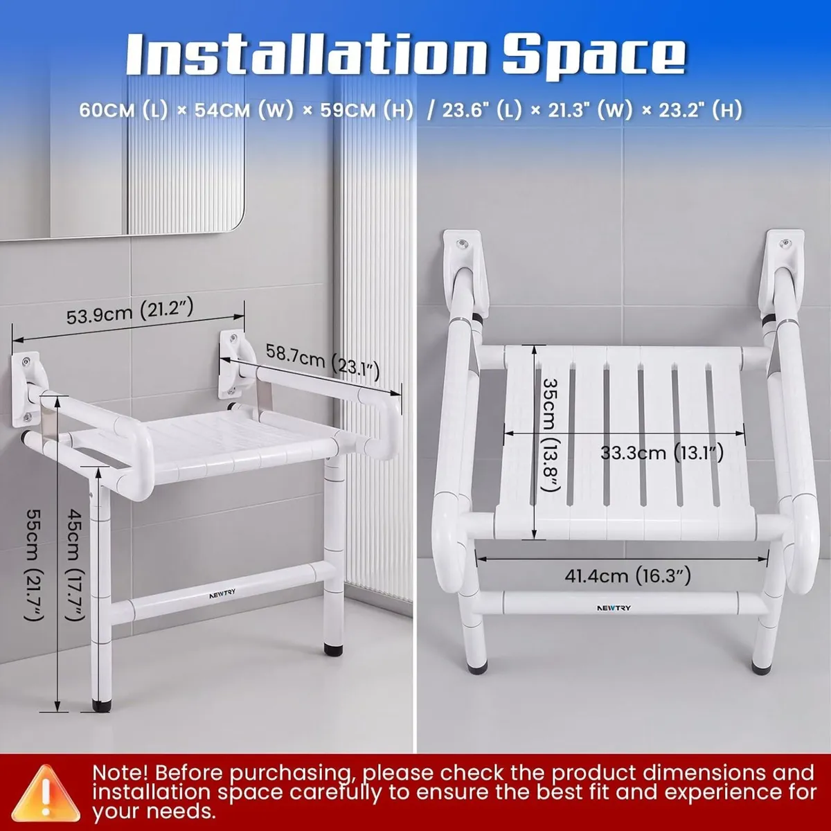 Folding Shower Seat Wall Mounted with Arms Legs - Image 2