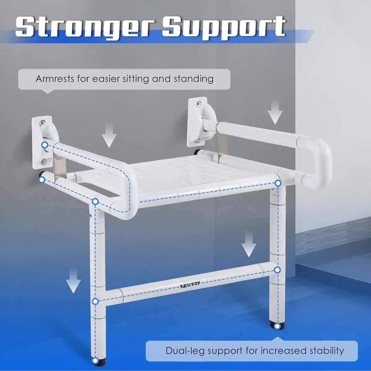 Folding Shower Seat Wall Mounted with Arms Legs - Image 3