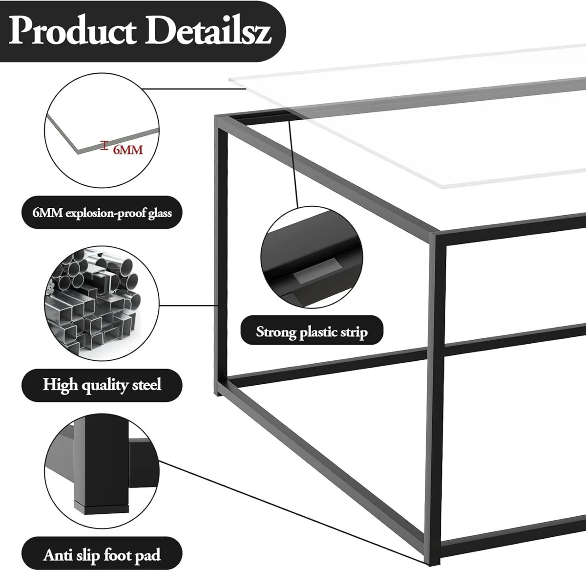 Coffee Table Glass Square Living Room Sofa - Image 4