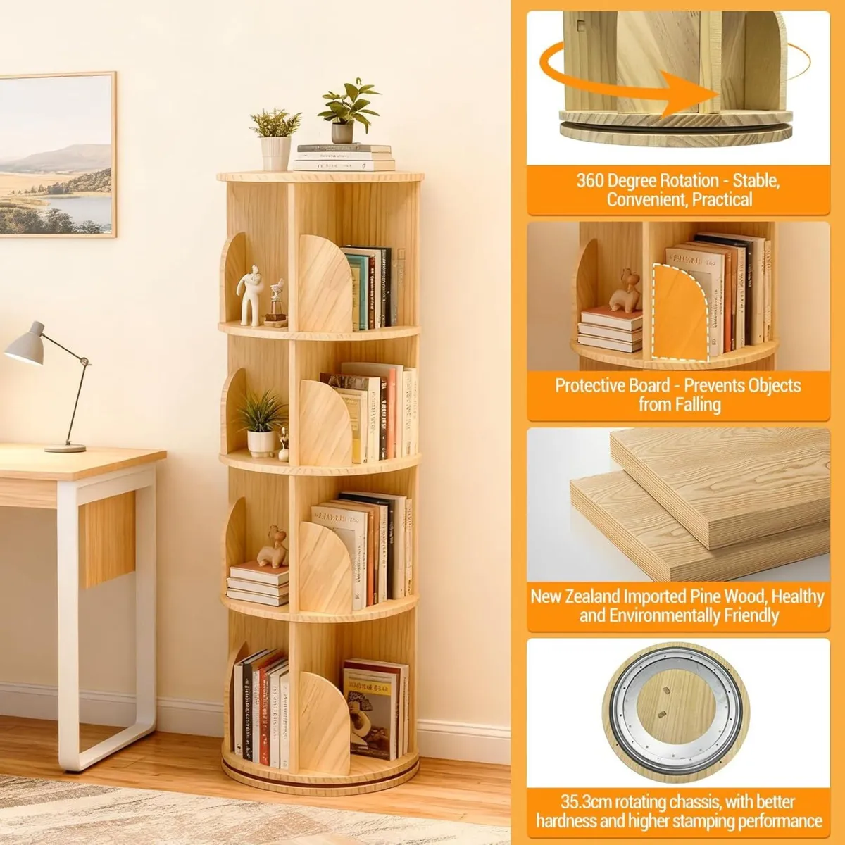 Rotating Bookcase Solid Wood Standing Shelf Floor - Image 3