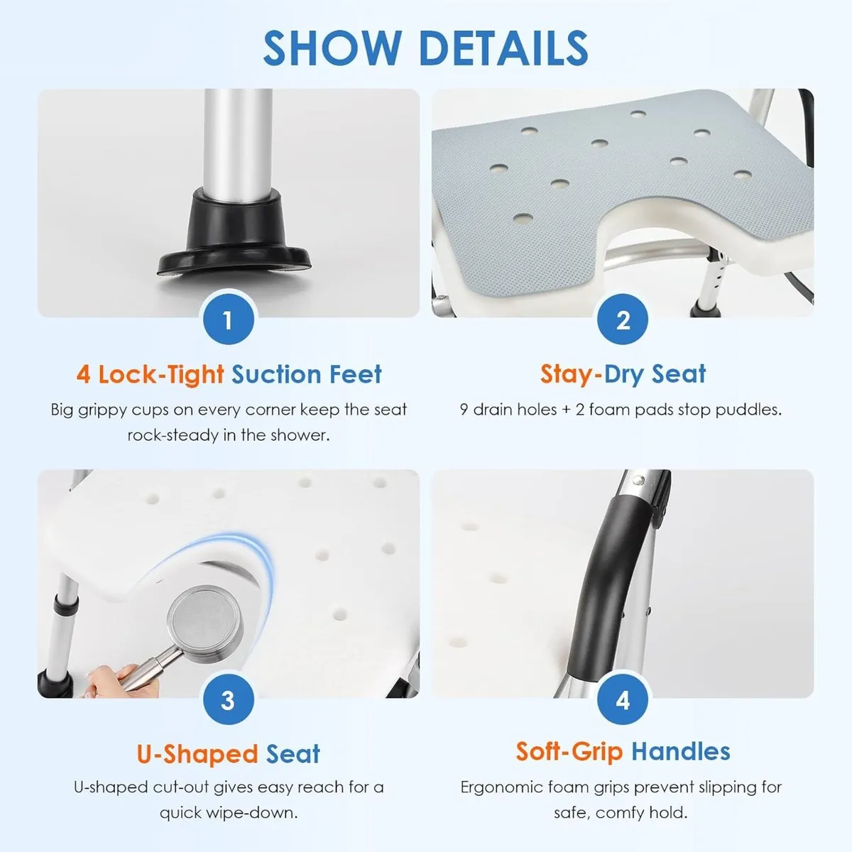 Folding Shower Chair Height Adjustable Non-Slip - Image 4