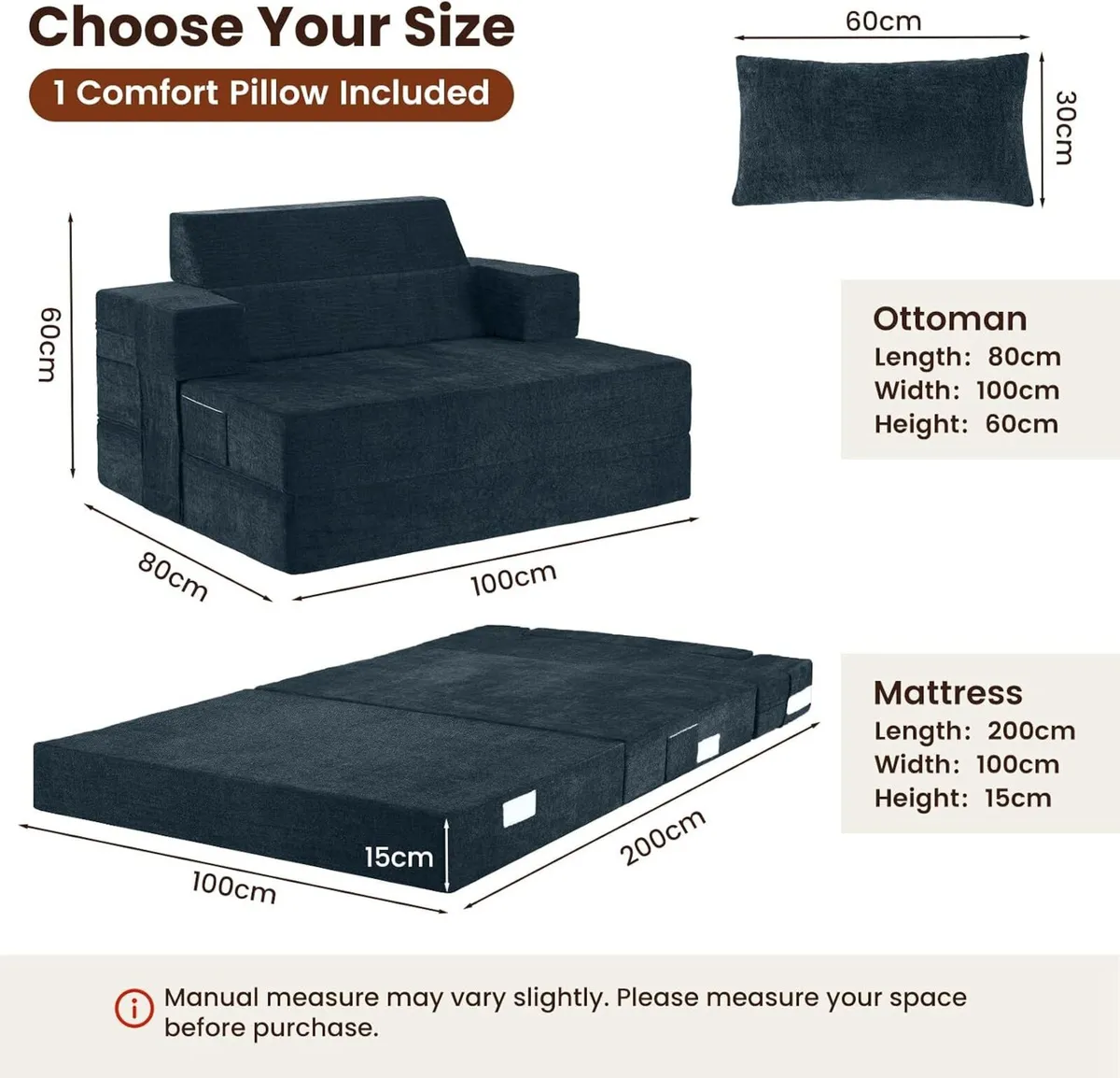 Folding Sofa Bed Convertible Chair with Pillow - Image 3