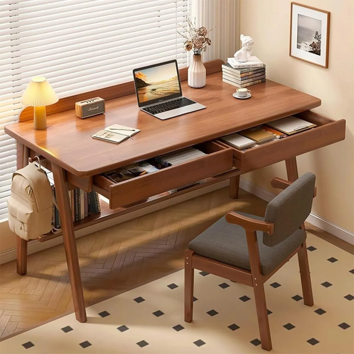 Modern Solid Wood Desk 2 Drawers + Storage - Image 2