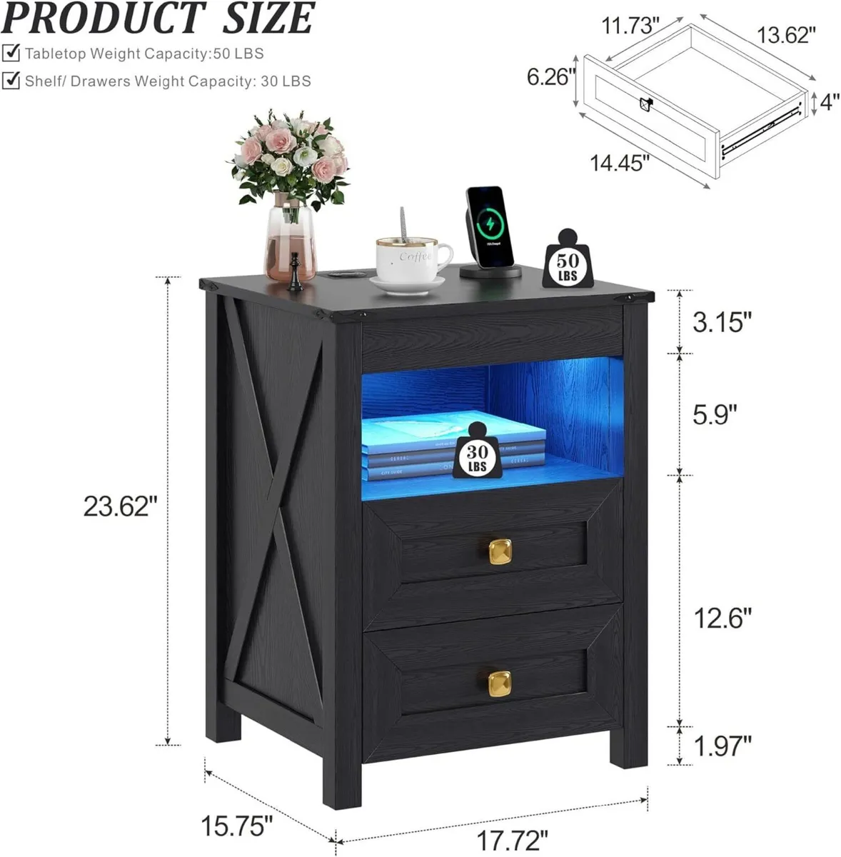LED Bedside Table with Hidden Drawer for Bedroom - Image 2