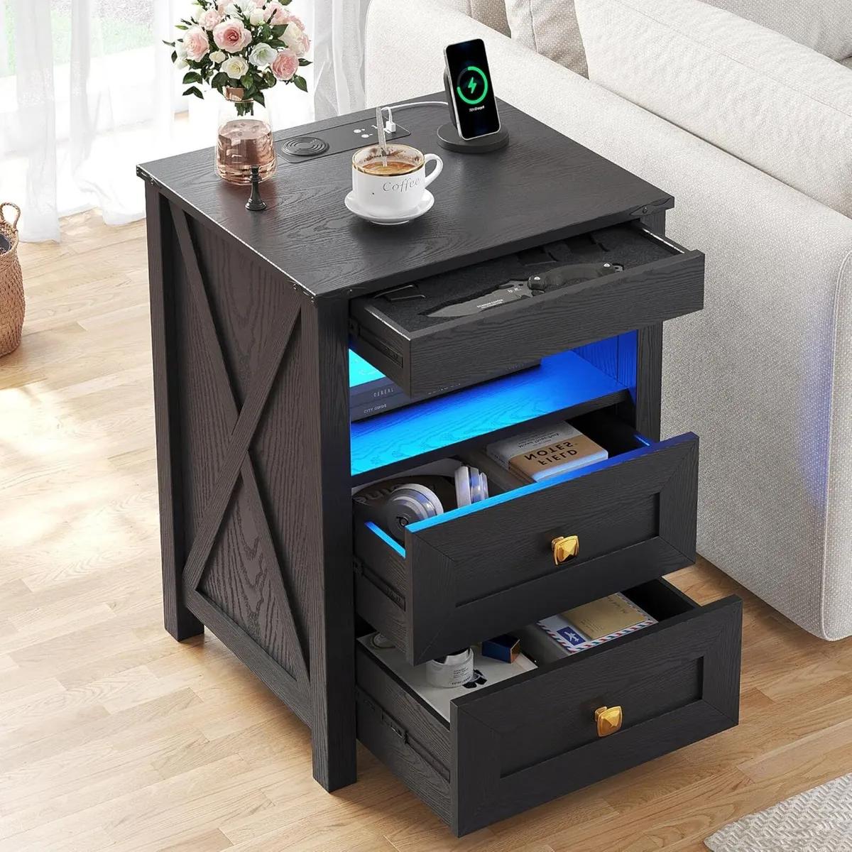 LED Bedside Table with Hidden Drawer for Bedroom - Image 1