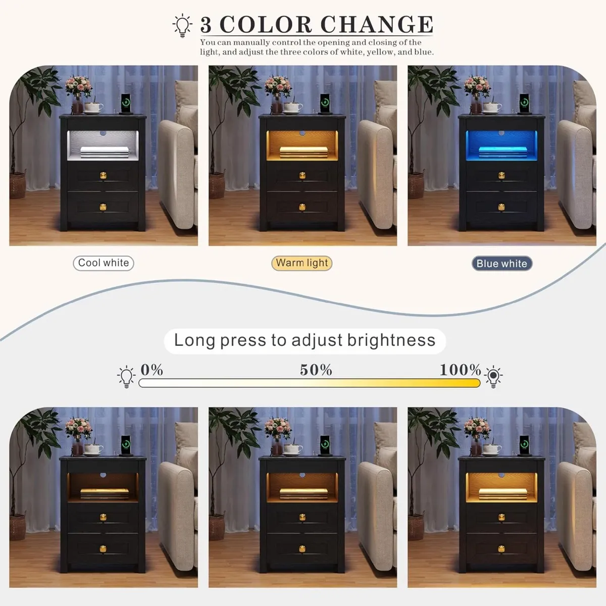 LED Bedside Table with Hidden Drawer for Bedroom - Image 3