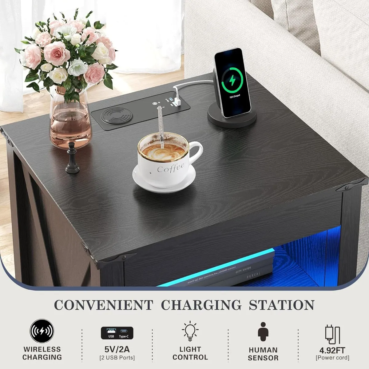 LED Bedside Table with Hidden Drawer for Bedroom - Image 4