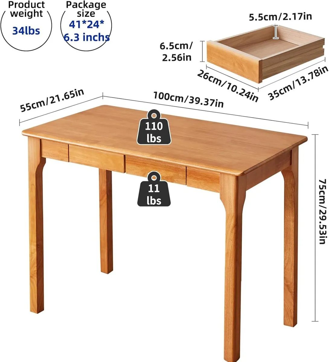 Solid Wooden Desk with 2 Drawers 39" Wood - Image 3