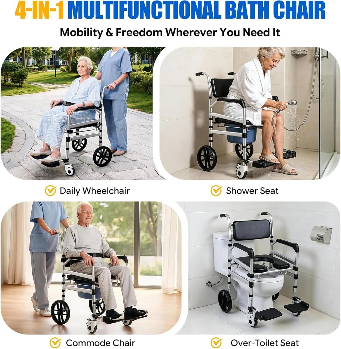 Rolling Shower Wheelchair 4-In-1 Commode Chair - Image 2