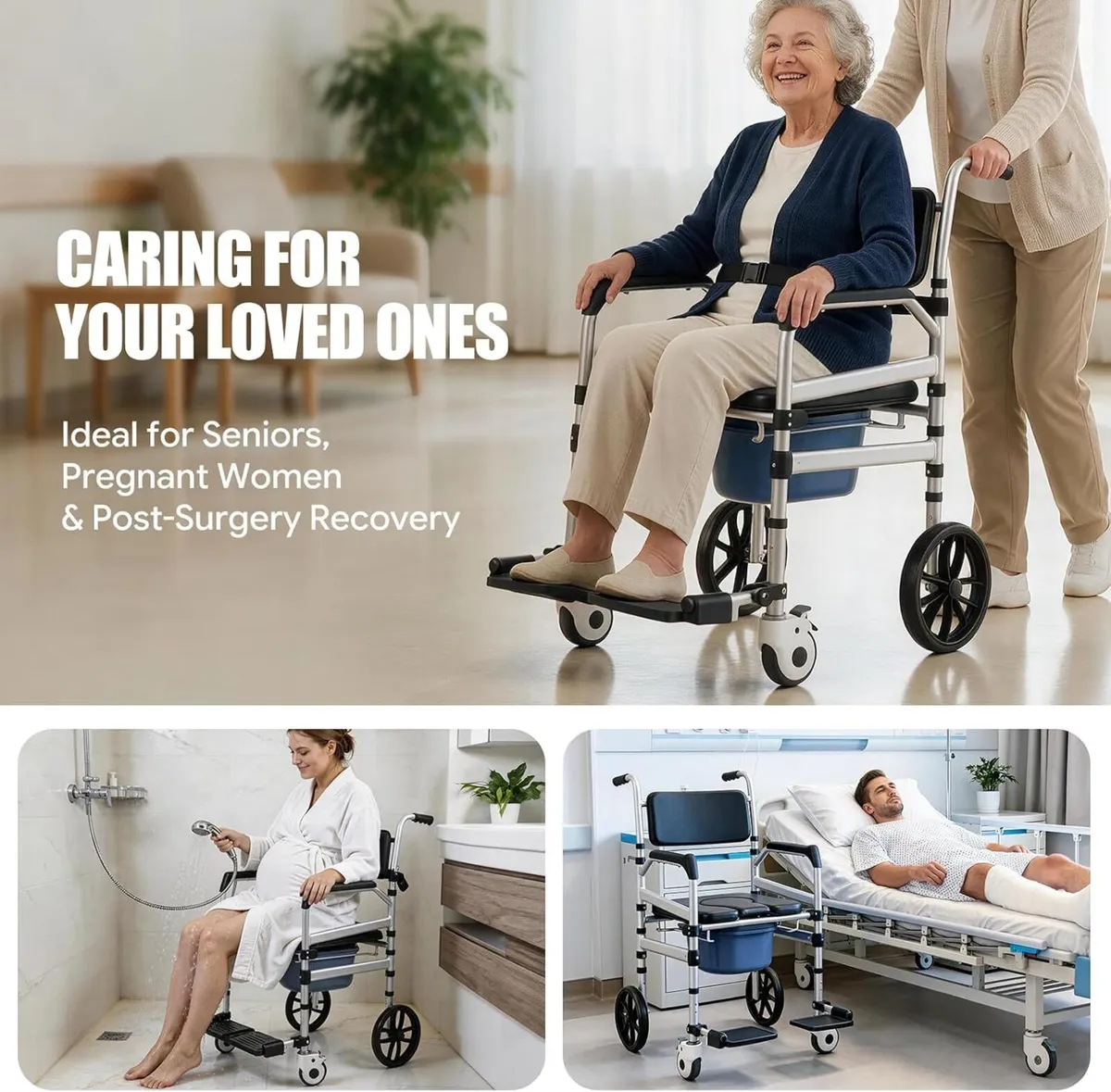 Rolling Shower Wheelchair 4-In-1 Commode Chair - Image 3