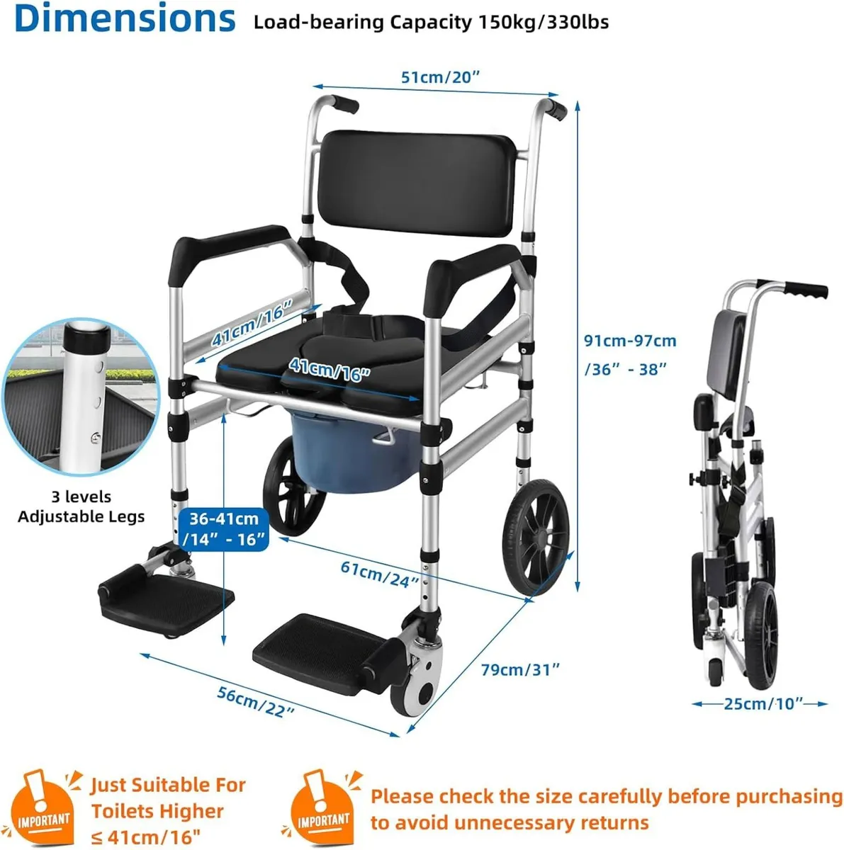 Rolling Shower Wheelchair 4-In-1 Commode Chair - Image 4