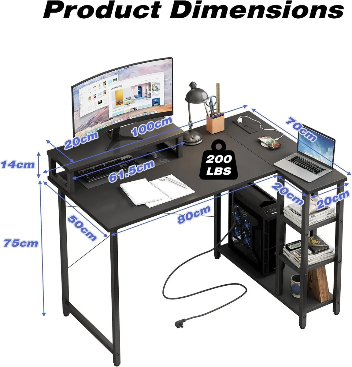 L Shaped Gaming Desk 100x70CM Corner with Monitor - Image 2