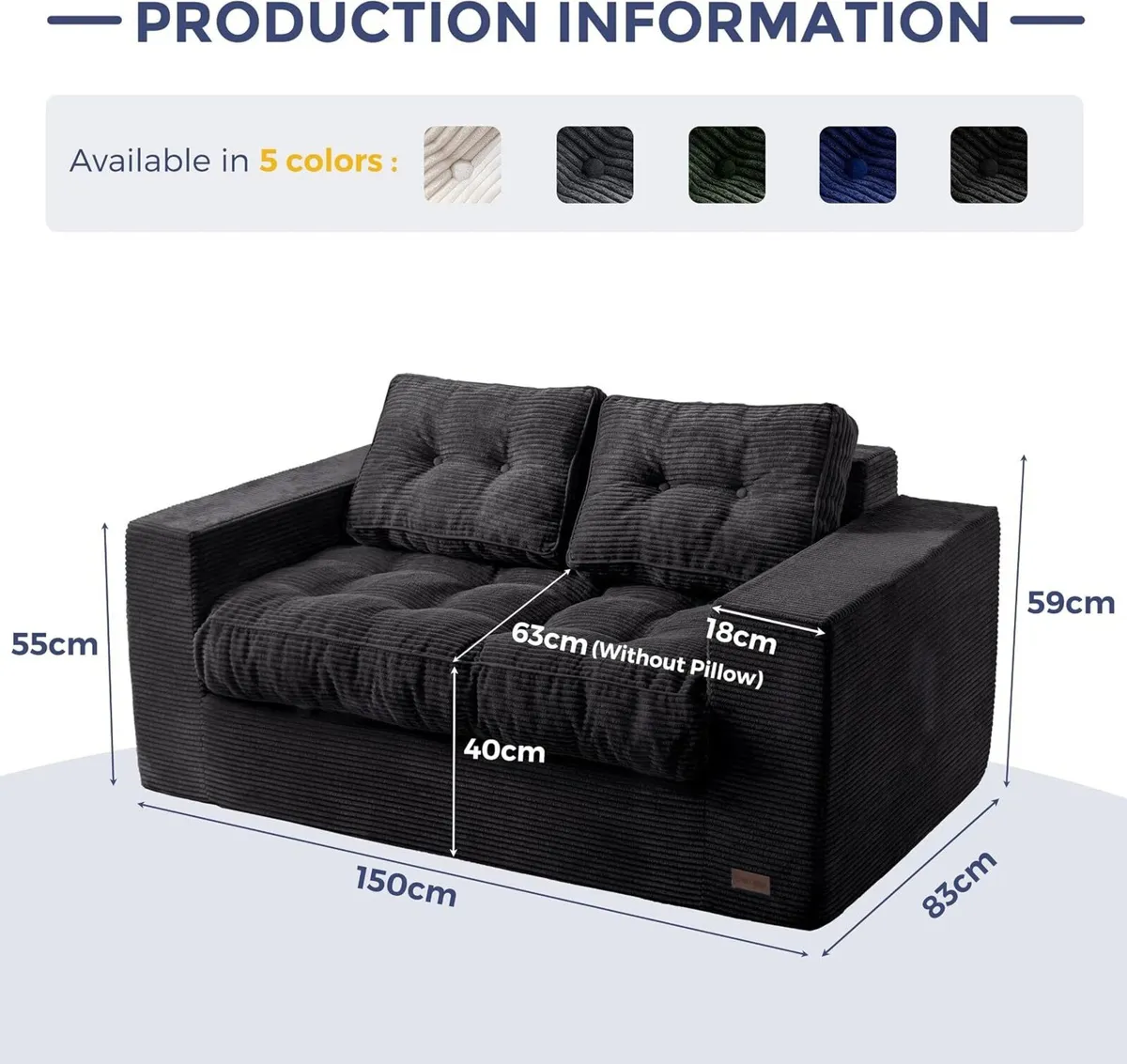 2 Seater Sofa Corduroy Couch with Armrests - Image 2