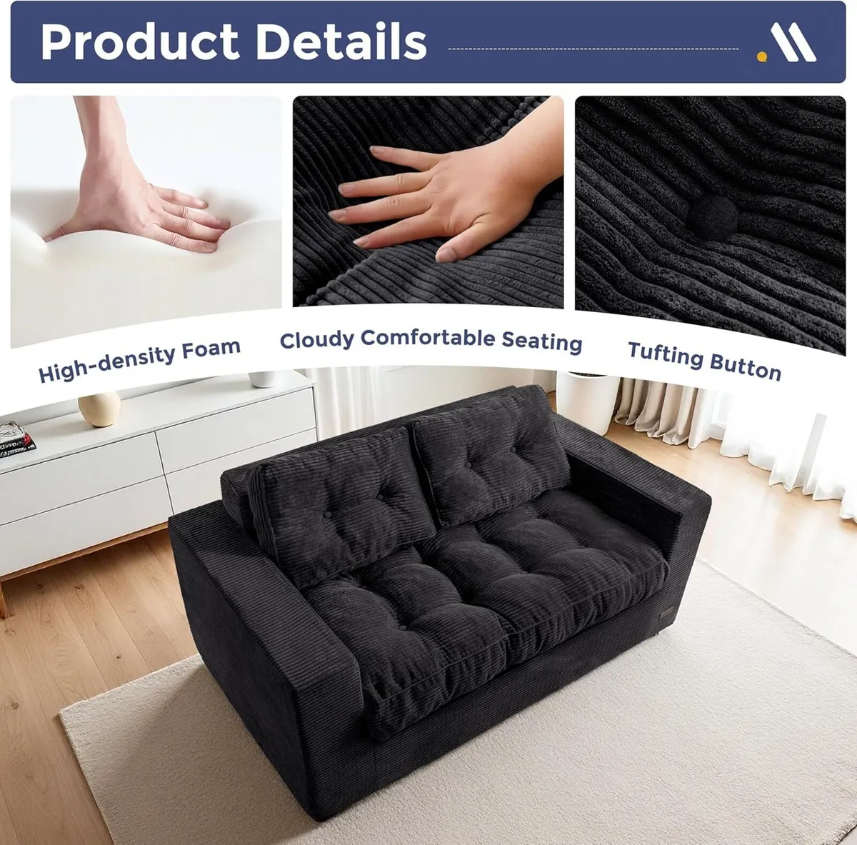 2 Seater Sofa Corduroy Couch with Armrests - Image 4