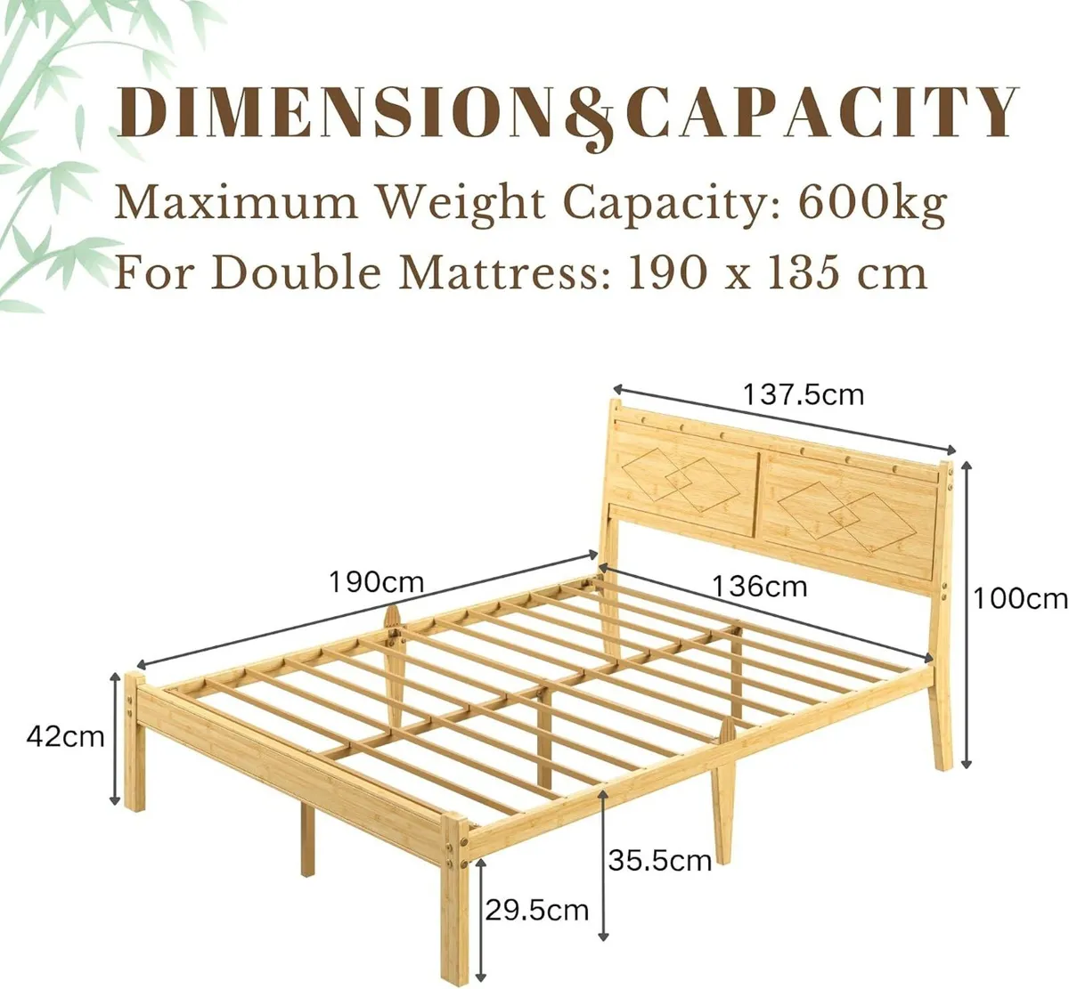 Wooden Bed Frame with Headboard Bamboo Wood Frames - Image 2