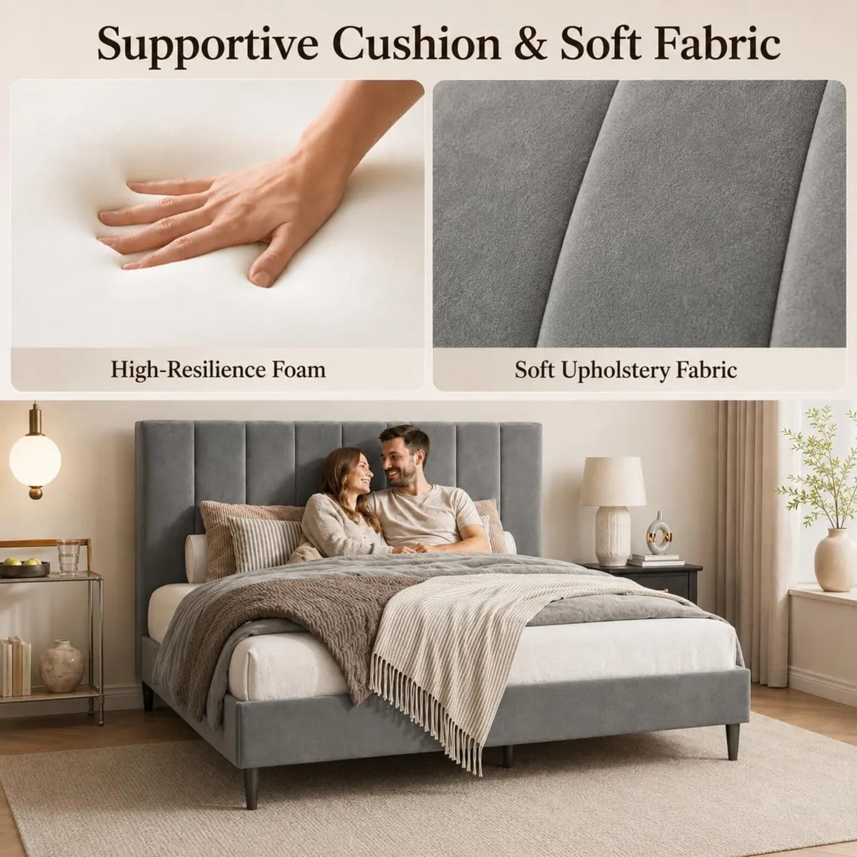 Bed Frame with Velvet Upholstered Headboard - Image 4