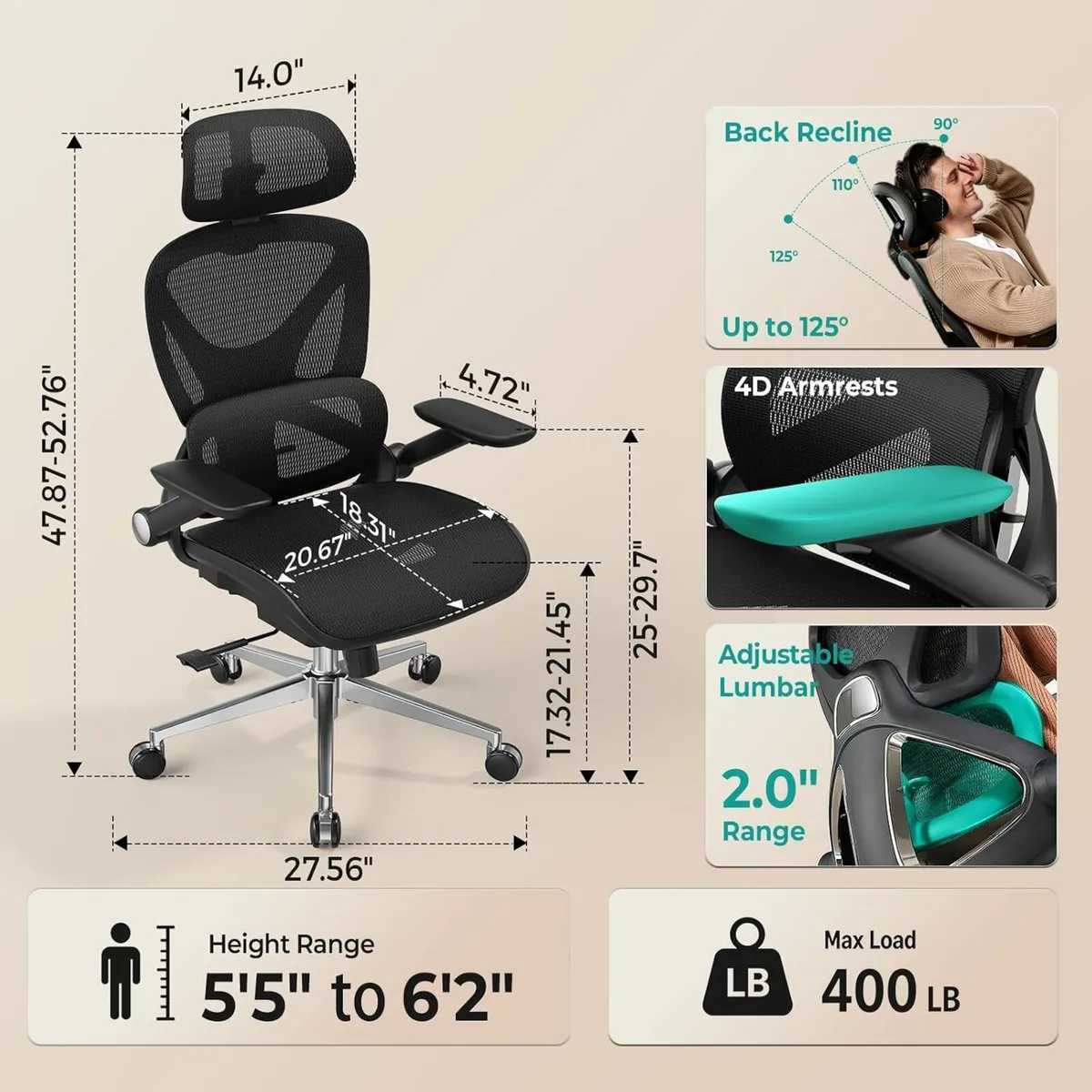 Ergonomic Mesh Office Chair Adjustable Lumbar - Image 2