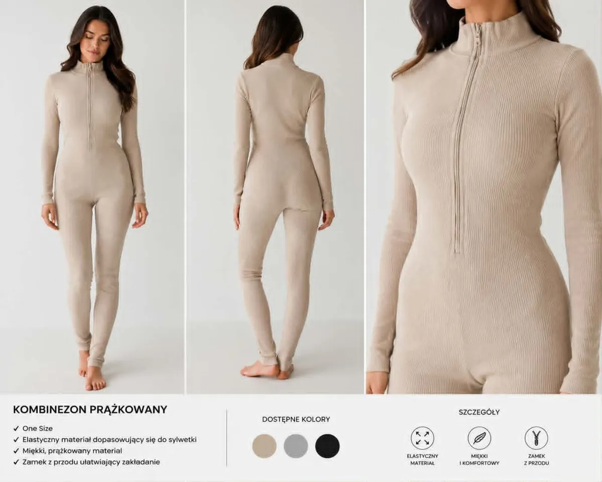 Women's Ribbed Zip-Up Jumpsuit – Beige | One Size - Image 2