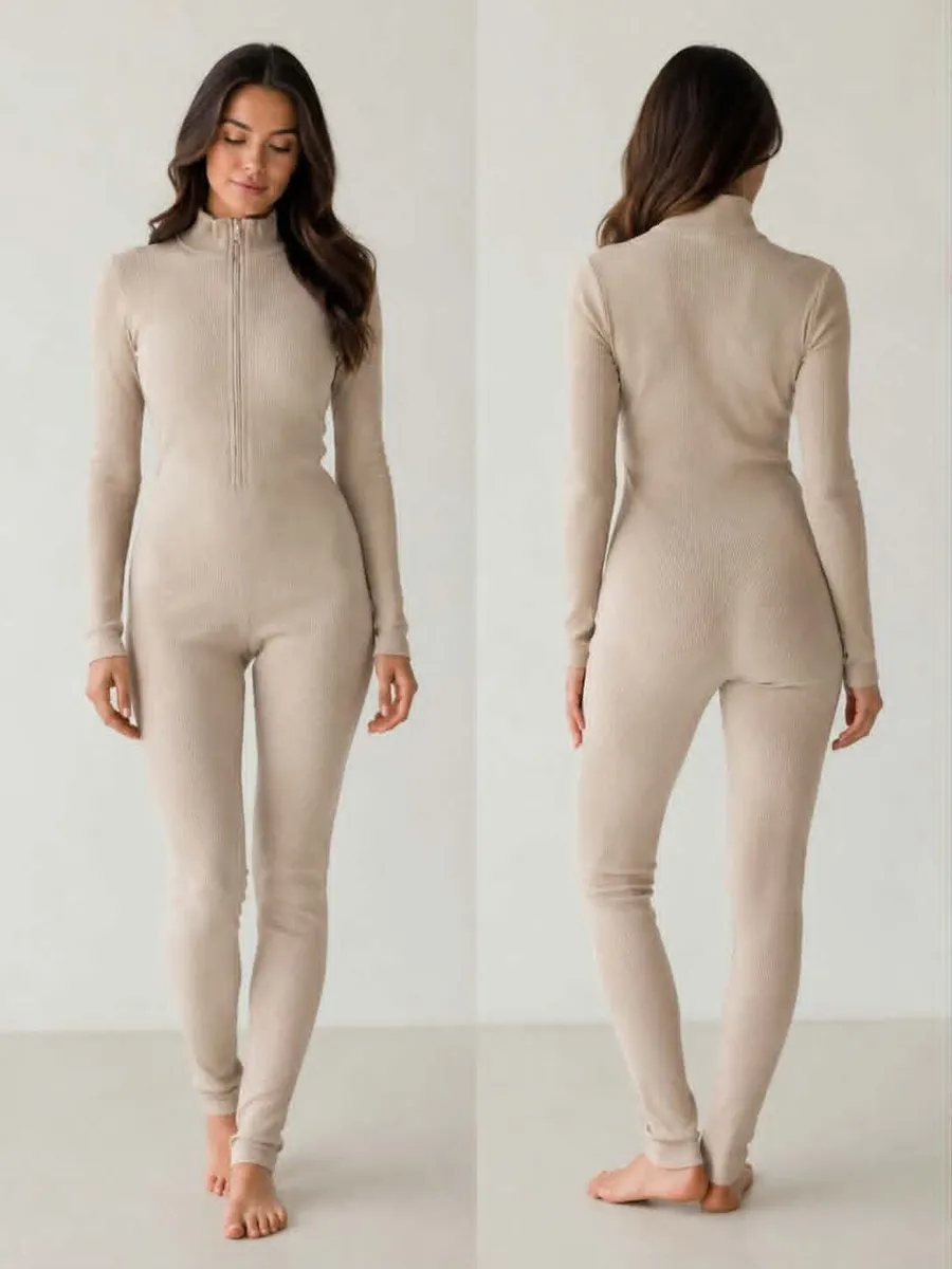Women's Ribbed Zip-Up Jumpsuit – Beige | One Size - Image 4