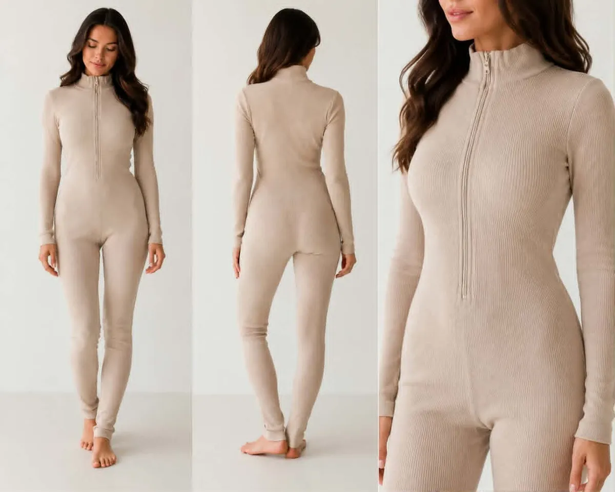 Women's Ribbed Zip-Up Jumpsuit – Beige | One Size - Image 1