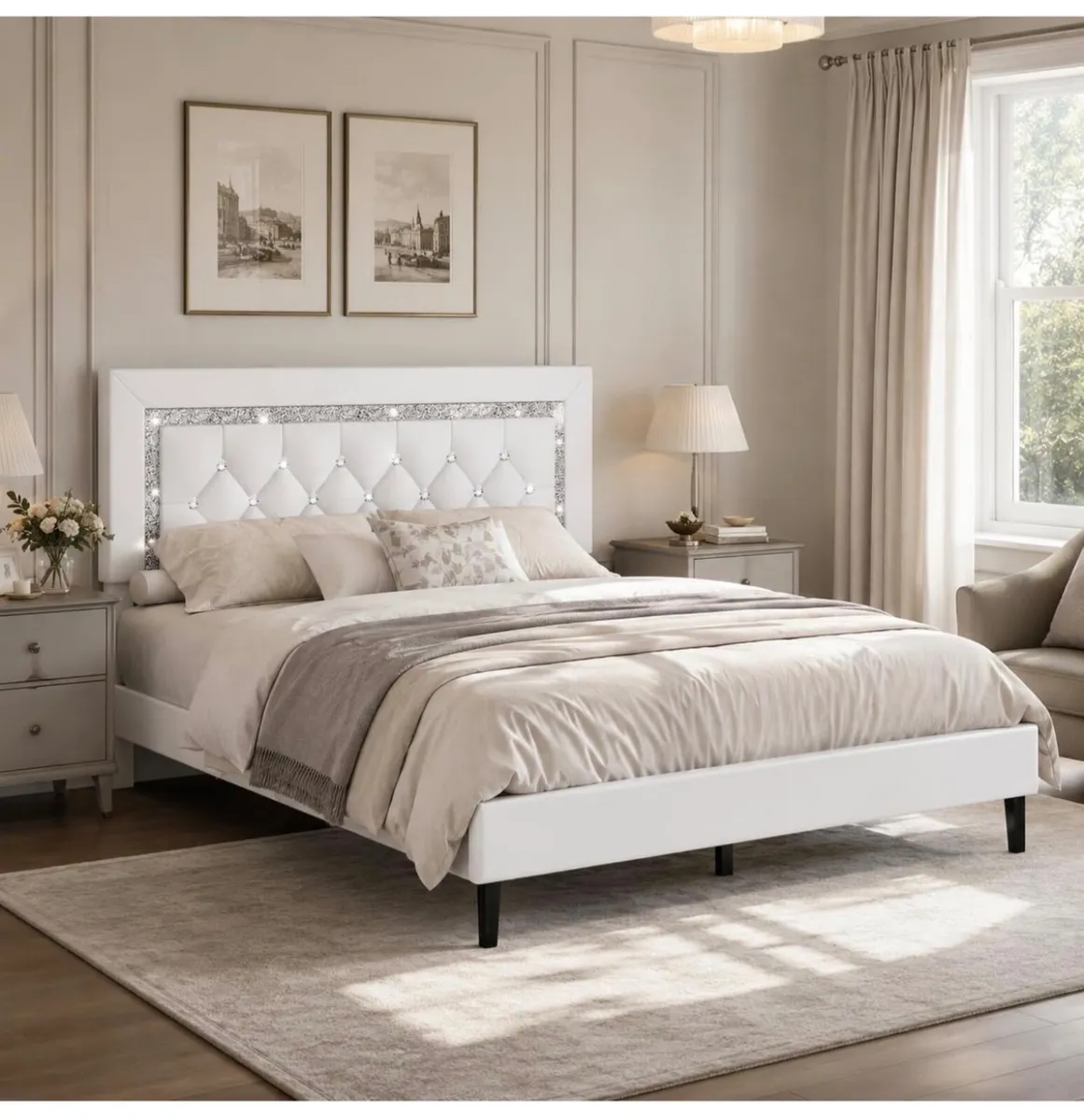 Double Bed Frame, Upholstered Platform Bed with Di - Image 3