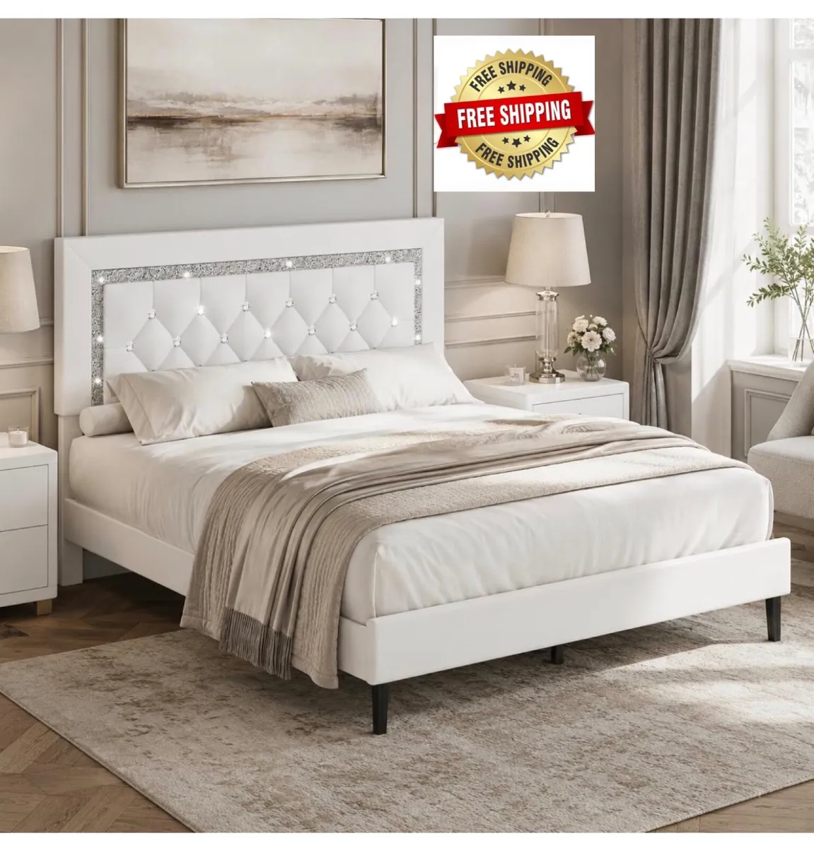 Double Bed Frame, Upholstered Platform Bed with Di - Image 1