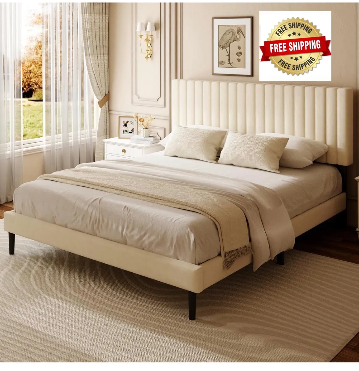Double Bed Frame with Velvet Upholstered Headboard - Image 1