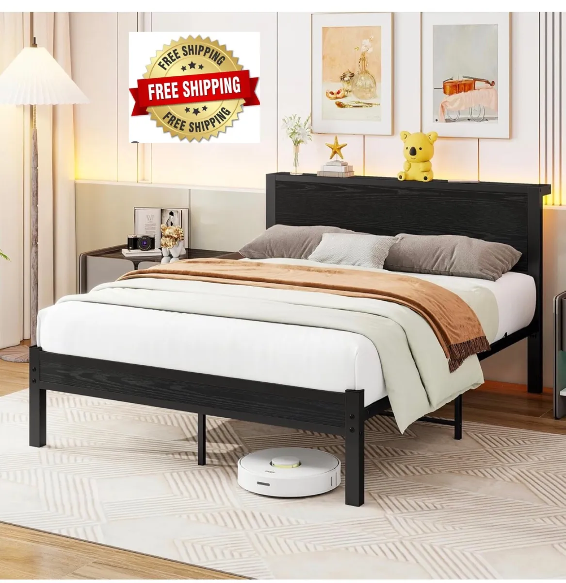 Double Bed Frame Metal Platform Bed Frame with Woo - Image 1