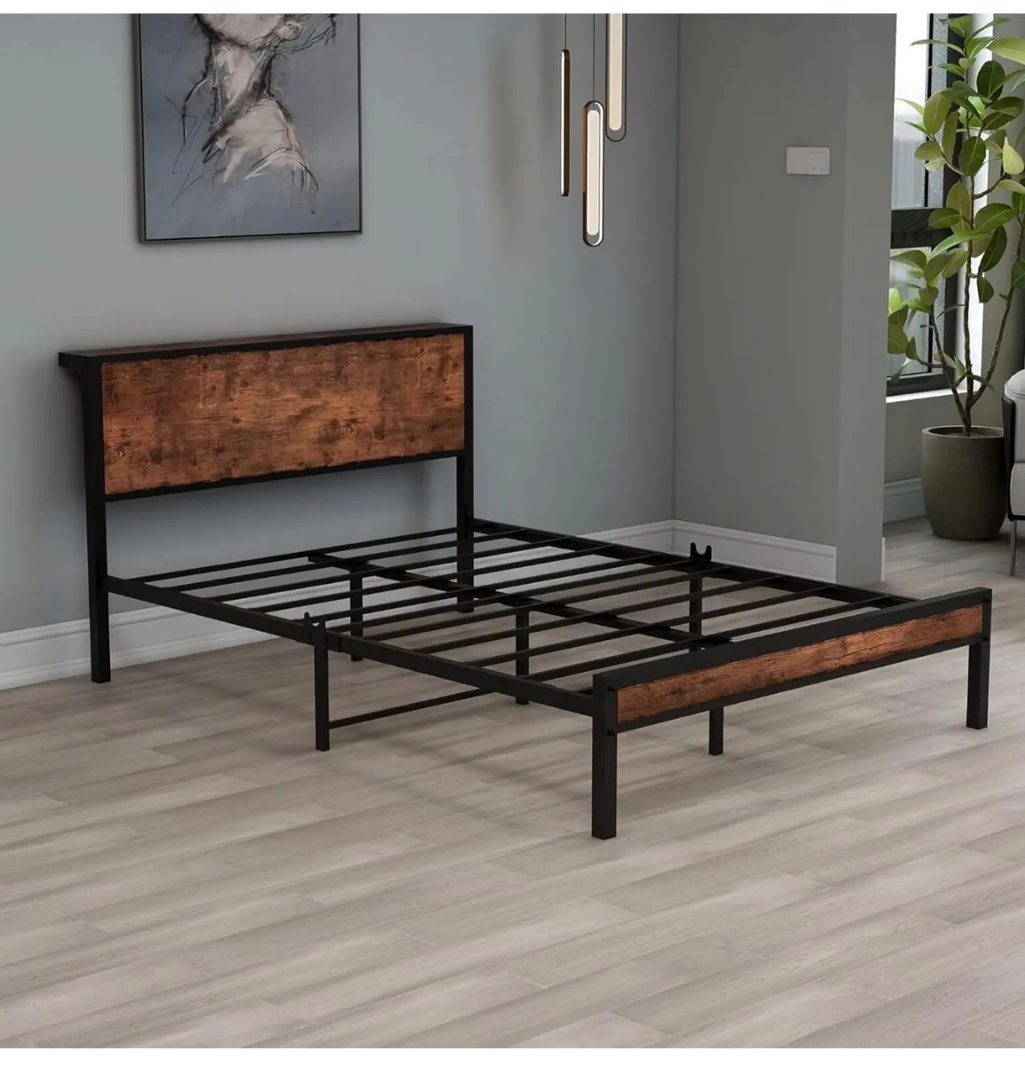 Double Bed Frame with Storage Headboard,Brown 4ft6 - Image 2