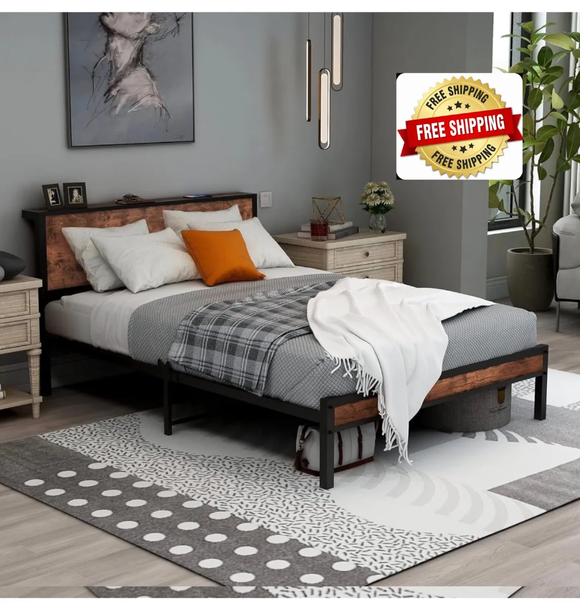 Double Bed Frame with Storage Headboard,Brown 4ft6 - Image 1
