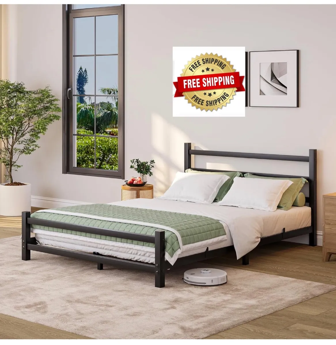 Double Bed Frame With Headboard,4ft6 Floor Bed Fra - Image 1