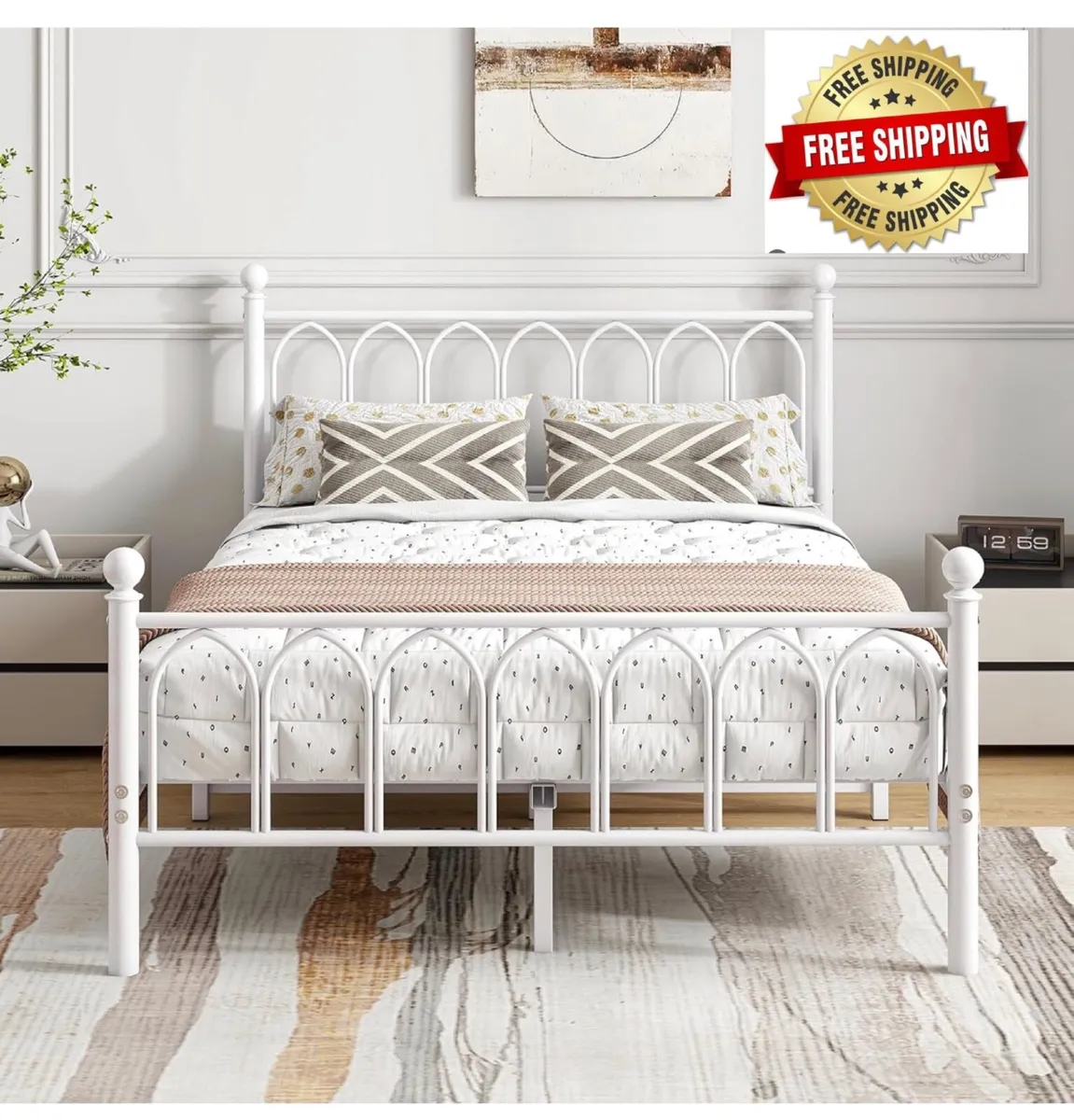 Double Metal Bed Frame, White, 135 x 190 cm Headbo - Image 1