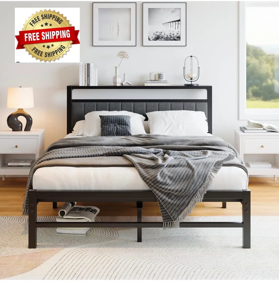 Double Bed Frame with Storage Headboard, 4ft6 Meta - Image 1