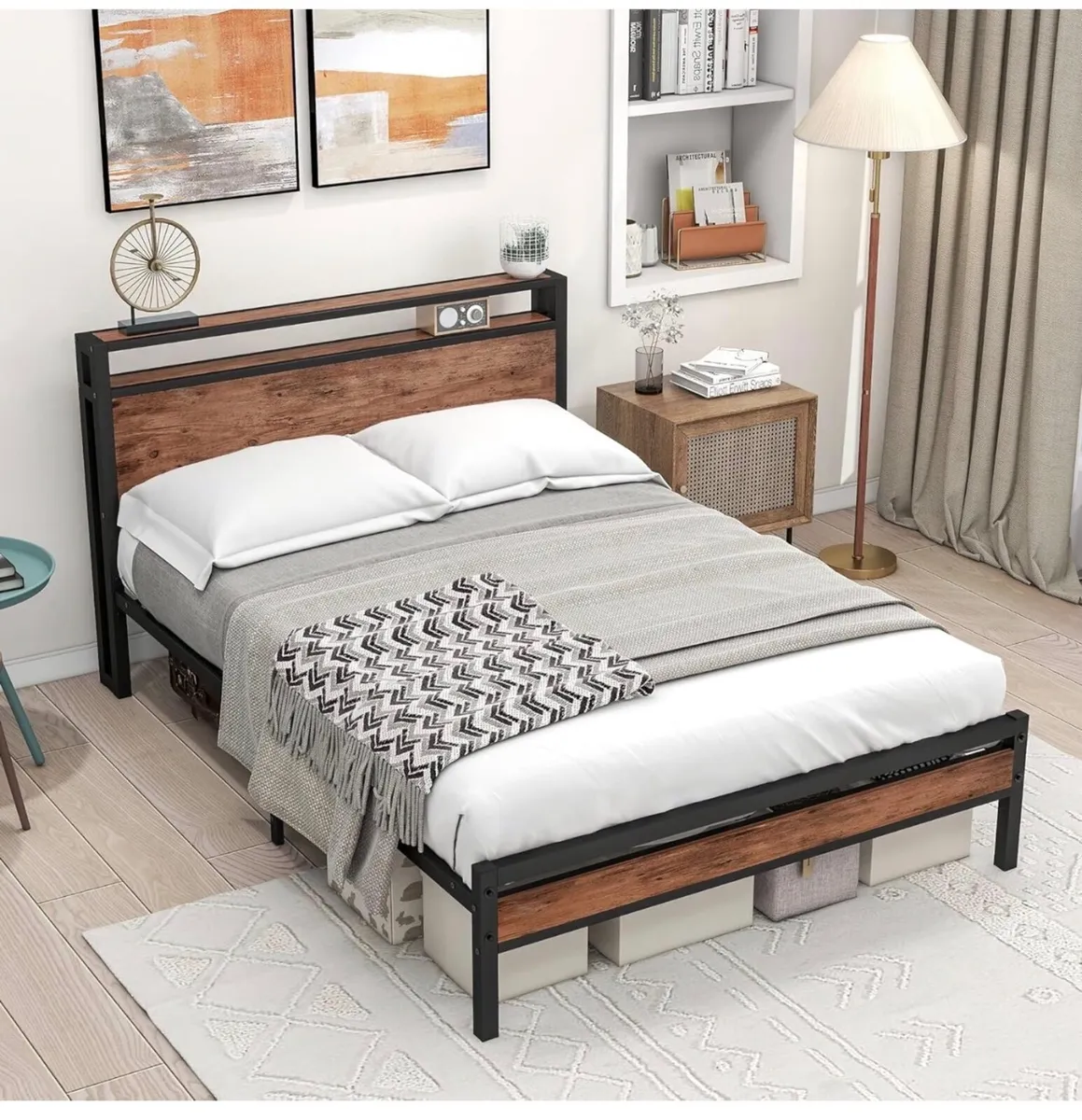 Double Bed Frame with Storage Headboard,Wooden Bed - Image 2