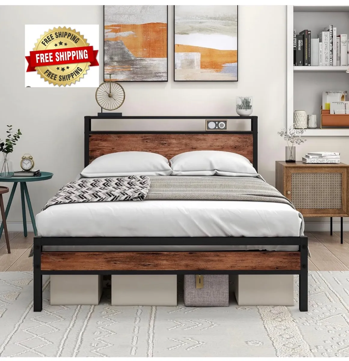 Double Bed Frame with Storage Headboard,Wooden Bed - Image 1