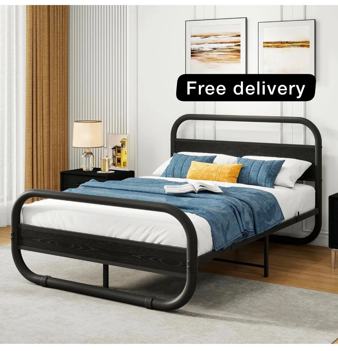 4ft6 Double Bed Frame with Headboard,Bed Base,Blac - Image 1